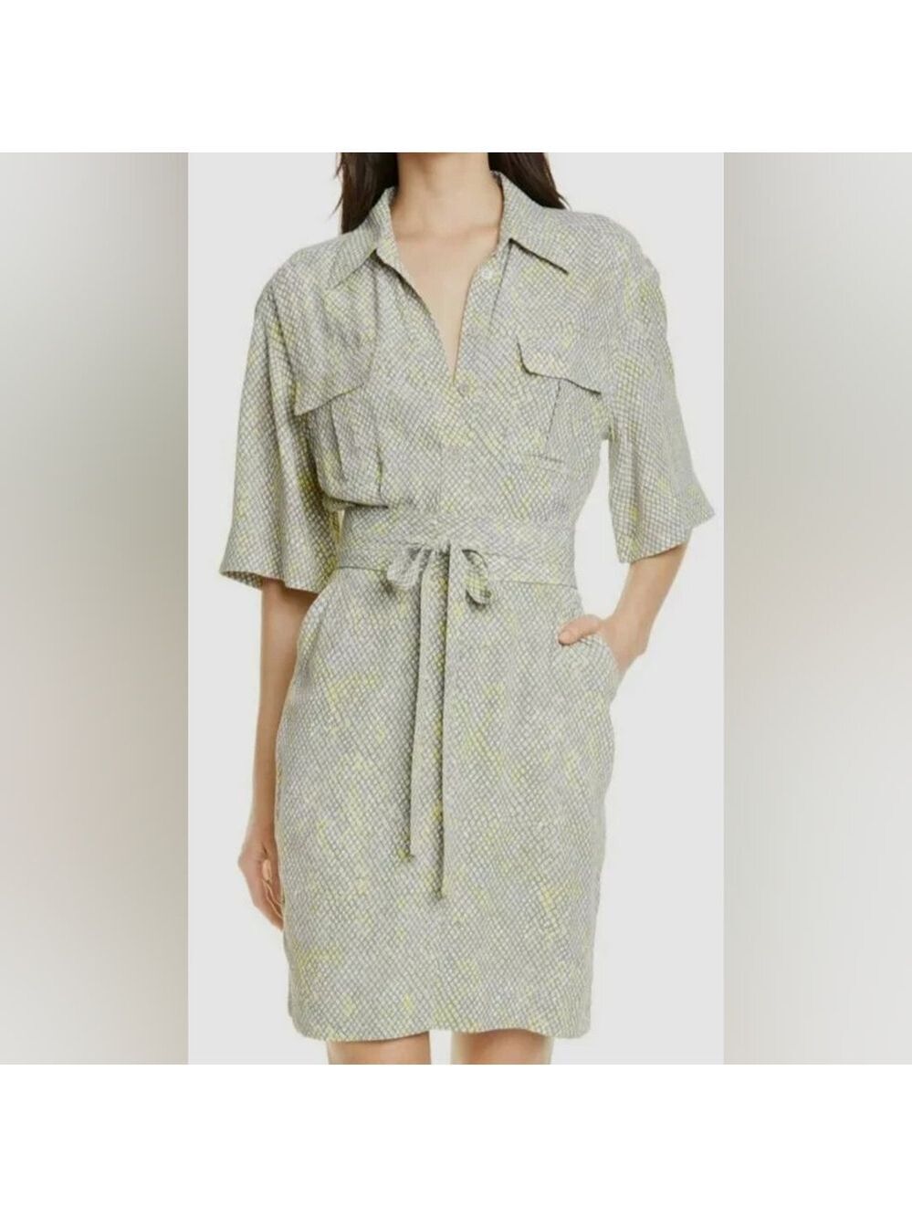 Equipment Women's Green Beige V-Neck Axelle Print Belted Shirt